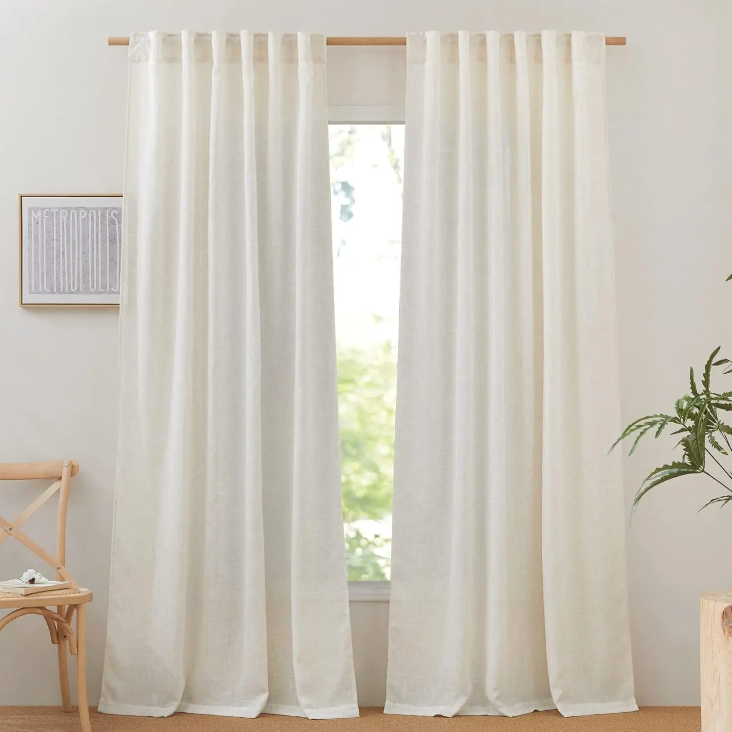 

102 inch Curtains Natural Linen Burlap for Living Room, Rod Pocket & Back Tab Privacy with Light Filtering Linen Weave B