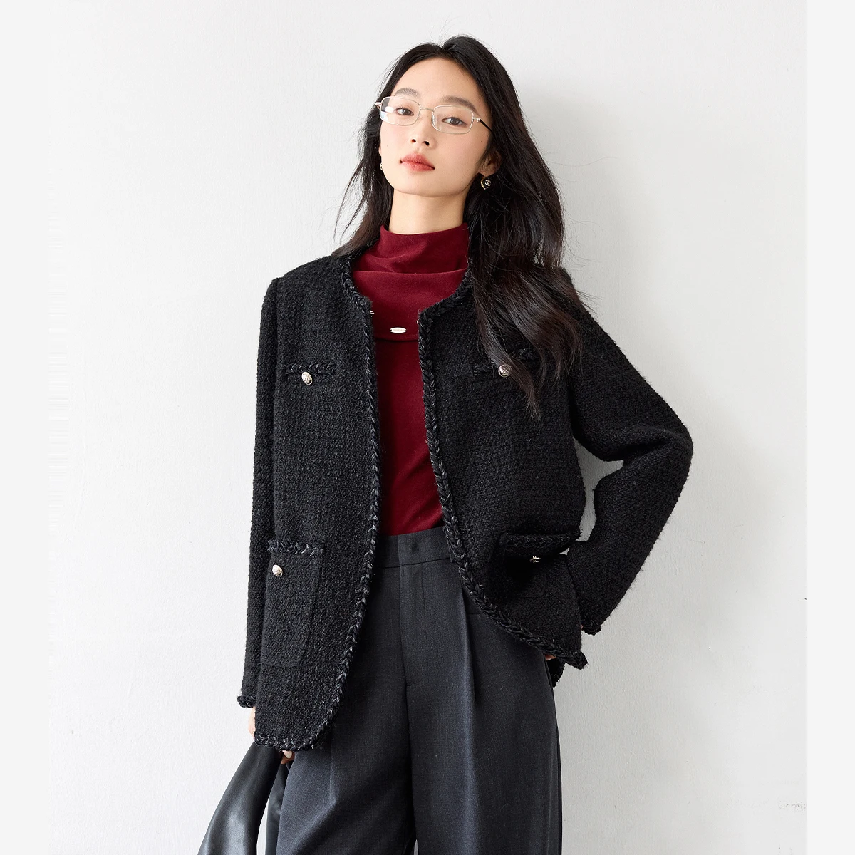 

VIMLY женские твидовые черные пальто 2025, зимняя элегантная толстая стеганая женская куртка, роскошное свободное пальто с французским вырезом для работы M9297