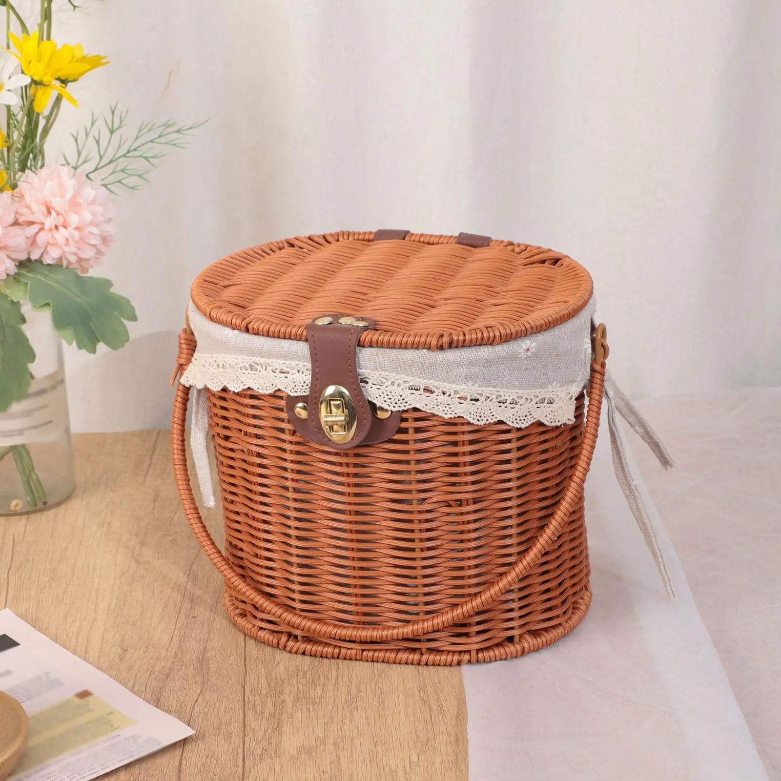 Picnic Basket Storage Container Portable Decorative Removable Lining Woven Basket Storage Hamper for Parties Beach Hiking