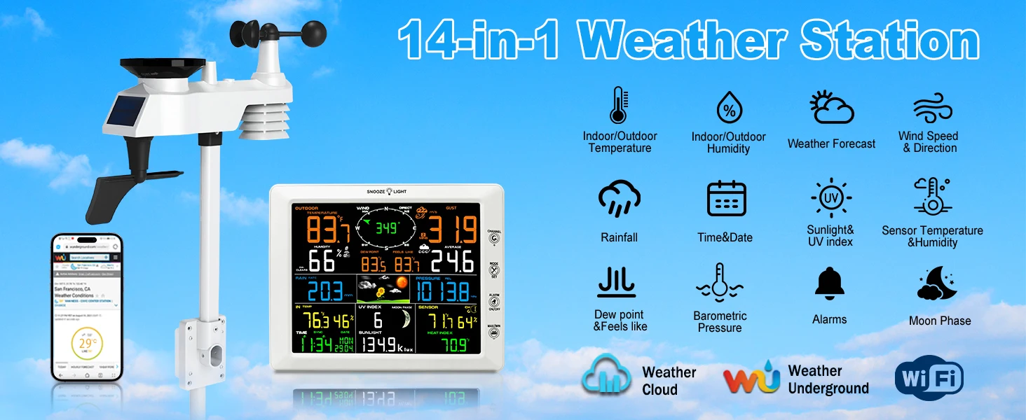 Urageuxy 14-in-1 Professional WLAN Weather Station, 20.5CM Large Color Display Weather Station with Wind Gauge and Rain Gauge, Wind Vane, Indoor Outdoor Thermometer/Hygrometer, UV Index, Air Pressure