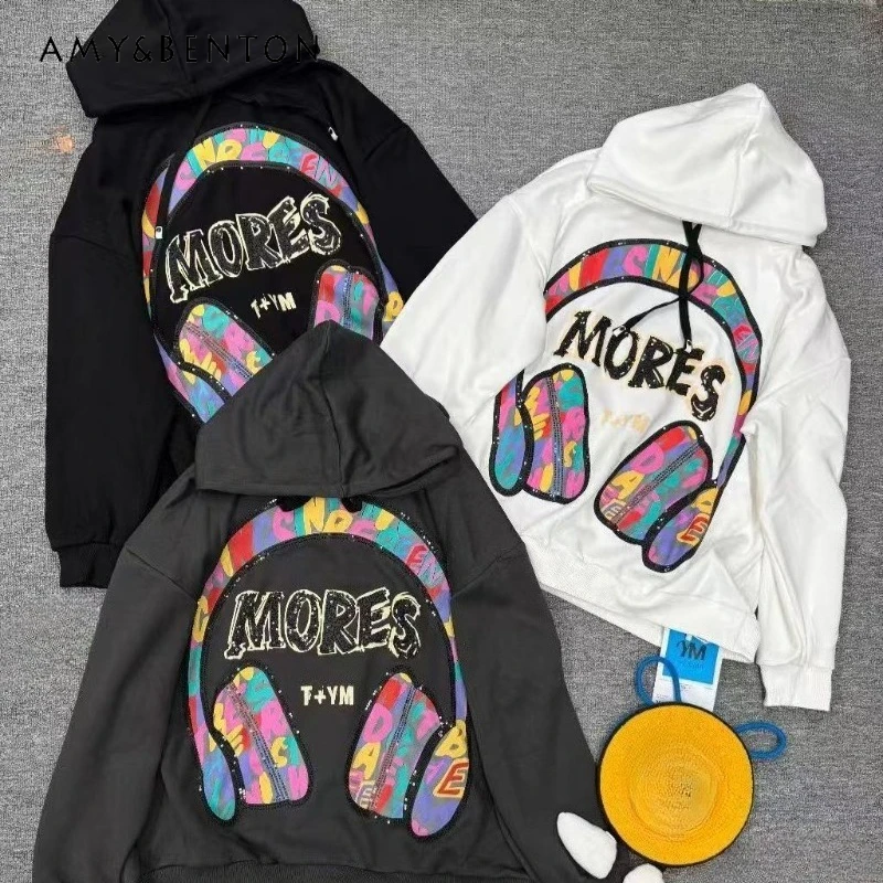 

2025 Trendy Fashion Winter New Oversized Loose Casual Hoodies Jacket Heavy Industry Cartoon Patchwork Fleece Warm Sweatshirt Top