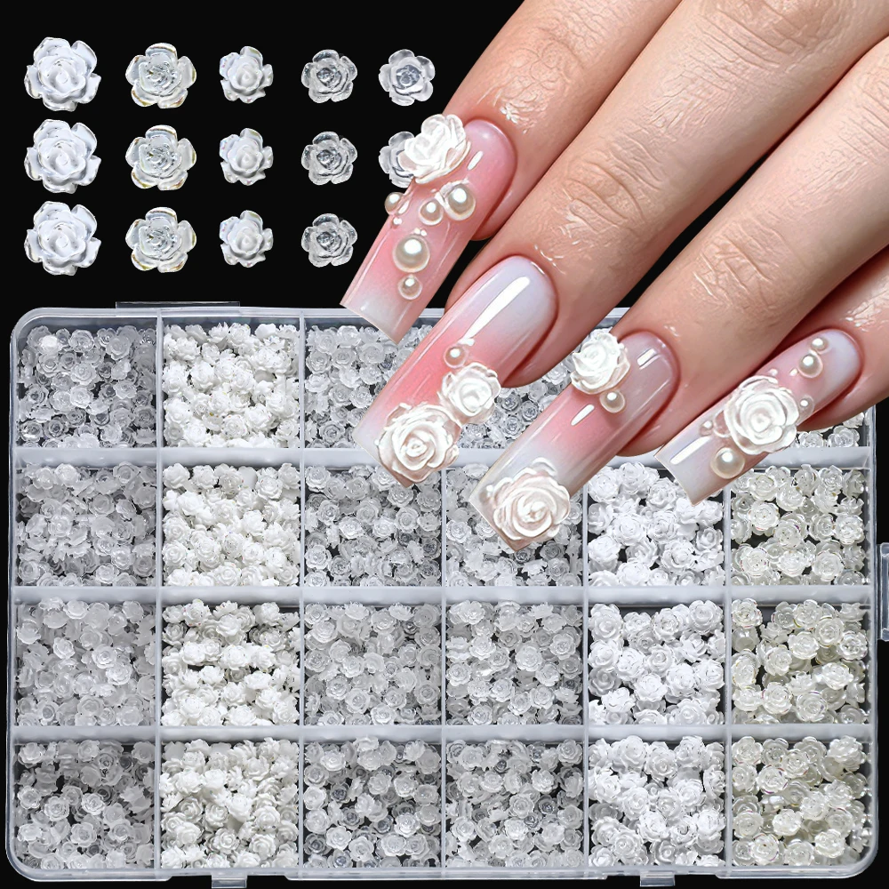 24Grids Mixed White Rose Nail Charms Set 3D Transparent White Camellia Flower Sexy Rhinestones For Nail Art DIY Crafts Manicure