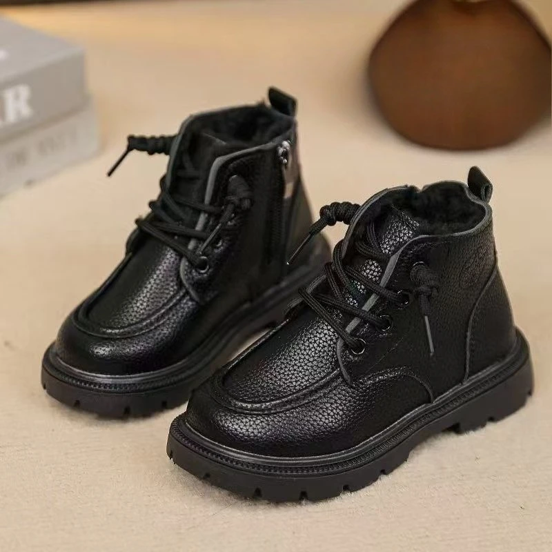 

Kids Winter Boots for Boys Girls Warm Fleece Lined Thick Sole Soft Bottom British Style Short Boots Toddler Big Kid Shoes