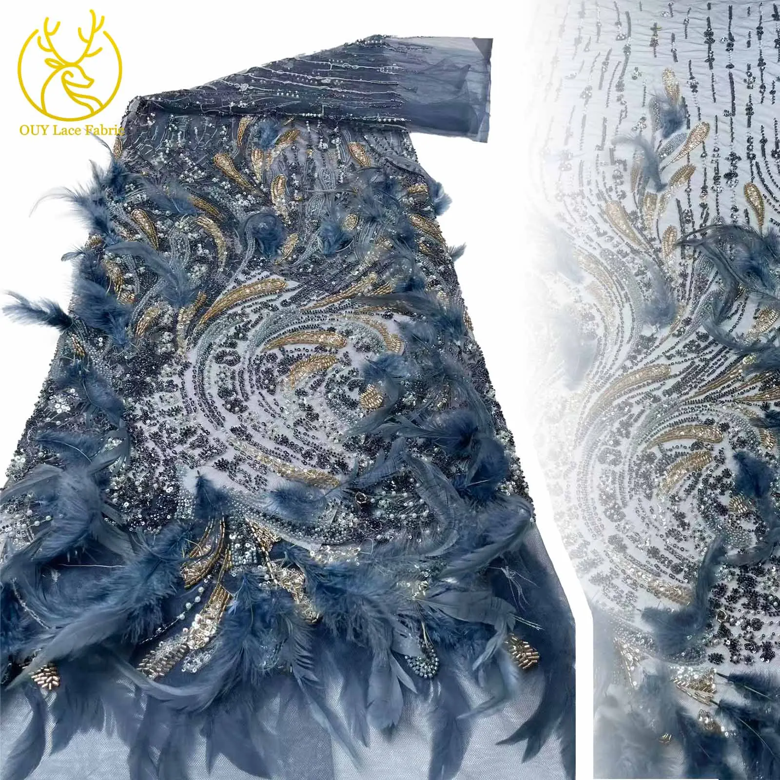 Mais recente tecido de renda de penas 3d europeu 2025 luxo nigeria artesanal frisado lantejoulas tecido de renda casamento banquete vestido material