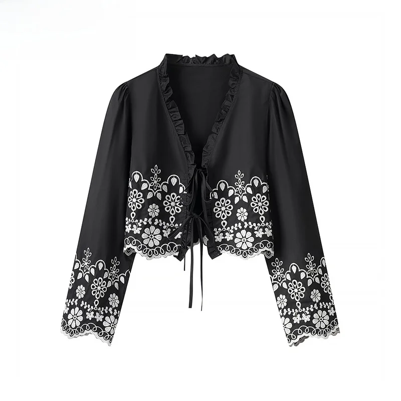 Spring New Women's Faion Design Embroidered Cotton Hollow out Top Loose Fit Long Sve V-Ne ort Length Open Cardigan