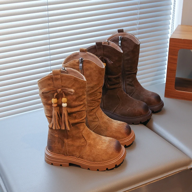 

Высокие сапоги для девочек, осенне-зимние детские уличные зимние сапоги, обувь принцессы с кисточками, нескользящие детские ботинки на мягкой подошве