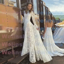 Romantic Lace Wedding Dress High Neck Long Sleeves See Through Sweep Train A Line Vestido De Noiva Bohemian Bridal Gown