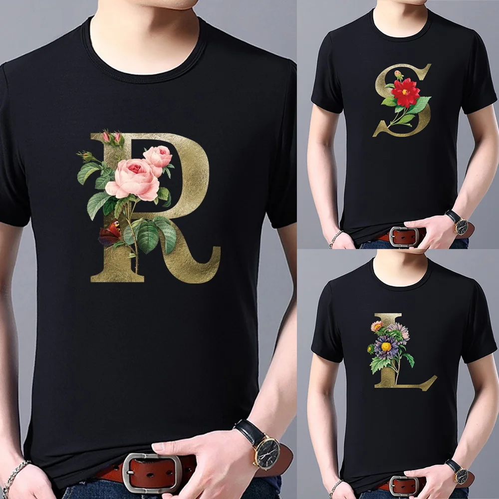 

Men Fashion Casual 2022 Tops Golden Flower Letter Print T-shirt Casual Black Tee All-match Personality Round Neck Men's Shirt