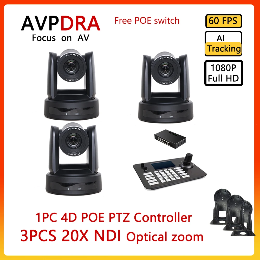 Church Broadcasting 3PCS 1080P Conference PTZ Video Camera10x12x 20x Zoom  USB HDMI 60fps and 4D POE Joystick Network Controller