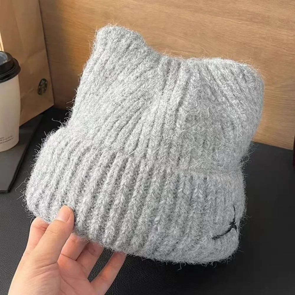 

Fashion Solid Color Cat Ear Beanie Thickened Keep Warm Knitted Woolen Hat Harajuku All-match Knitted Skullies Winter