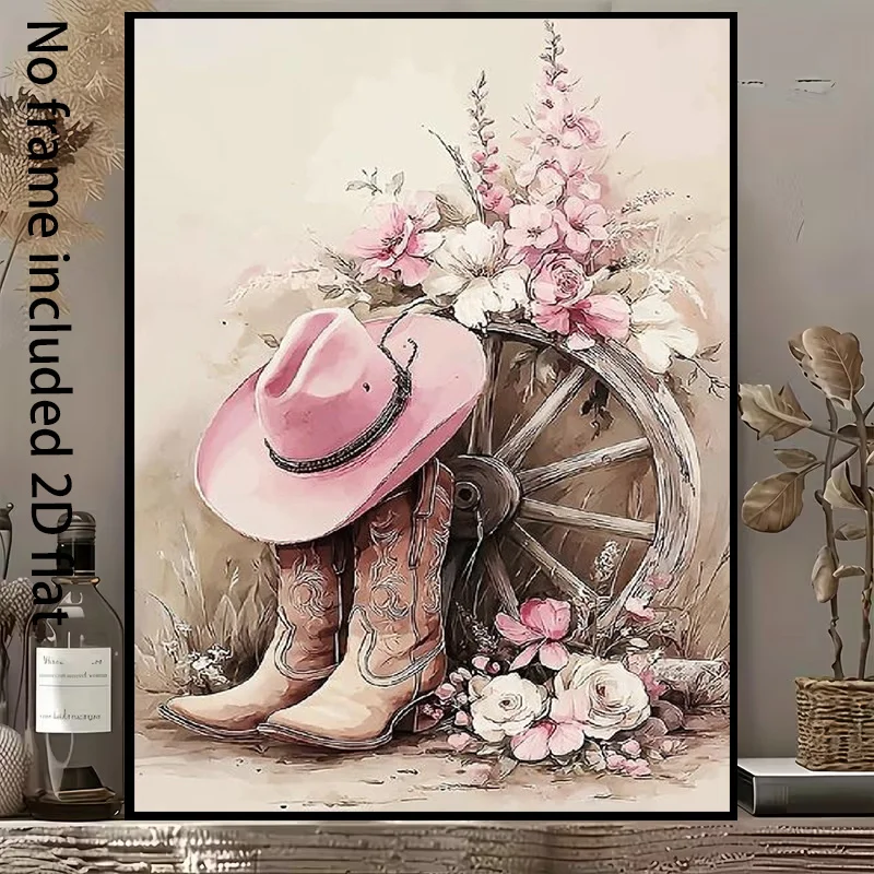 2D Flat, 1pc Western Cowgirl Wall Decor - Pink Cowboy Hat & Boots Frameless Canvas, Vertical Suitable for, Bedroom,,, / Verti