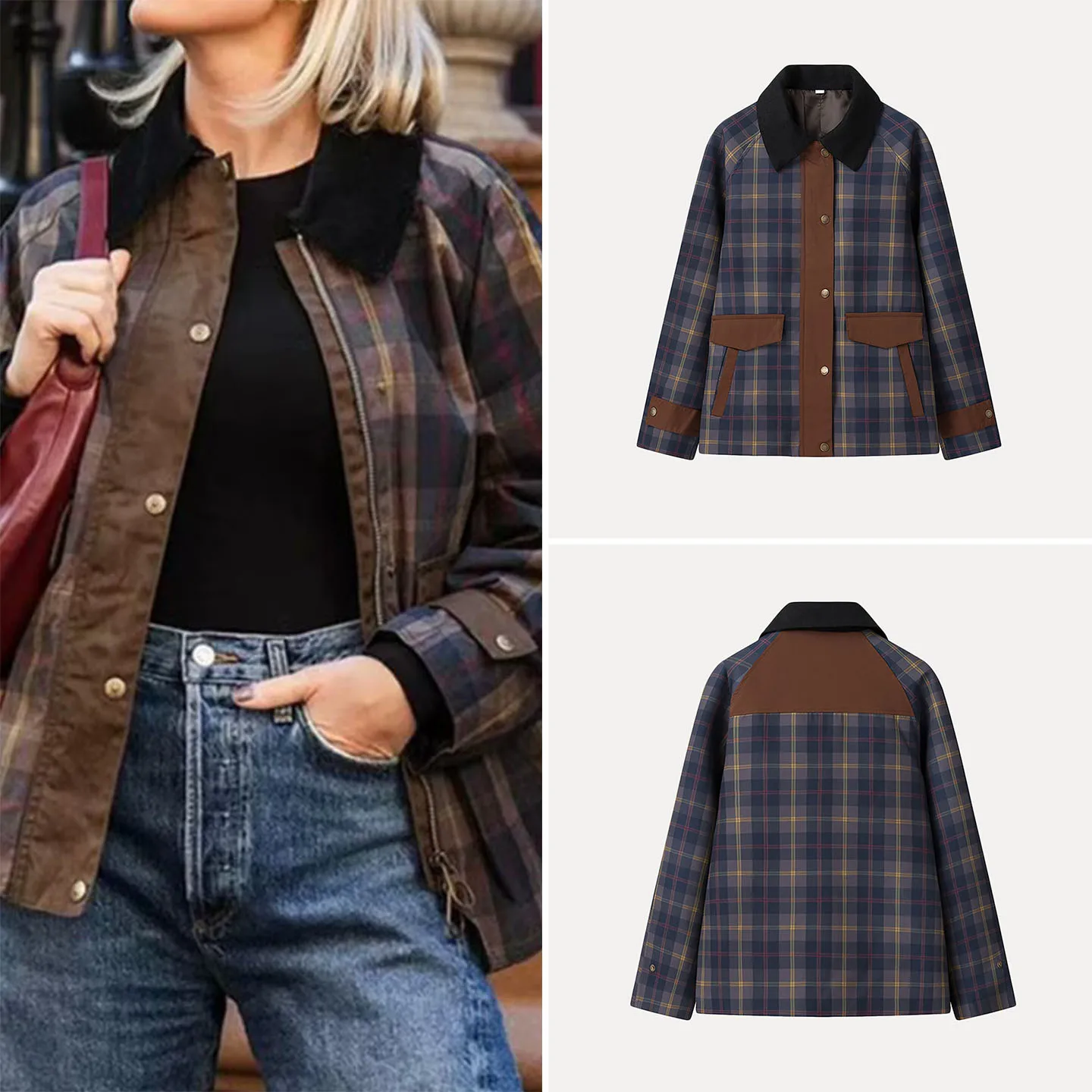 

Faionable Plaid Splicing Basic Sle Women's Coat Autumn 2025 Seasonal New Arrival Versatile Long Sve Mid-Length Ladies'...