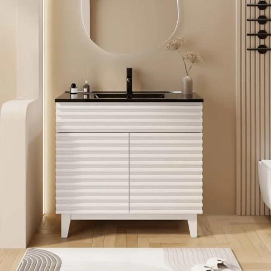 36 Bathroom Vanity with Sink Combo: Mid-Century Freestanding Wood-Striped Cabinet, White Finish, Adjustable Shelf, Undermount B