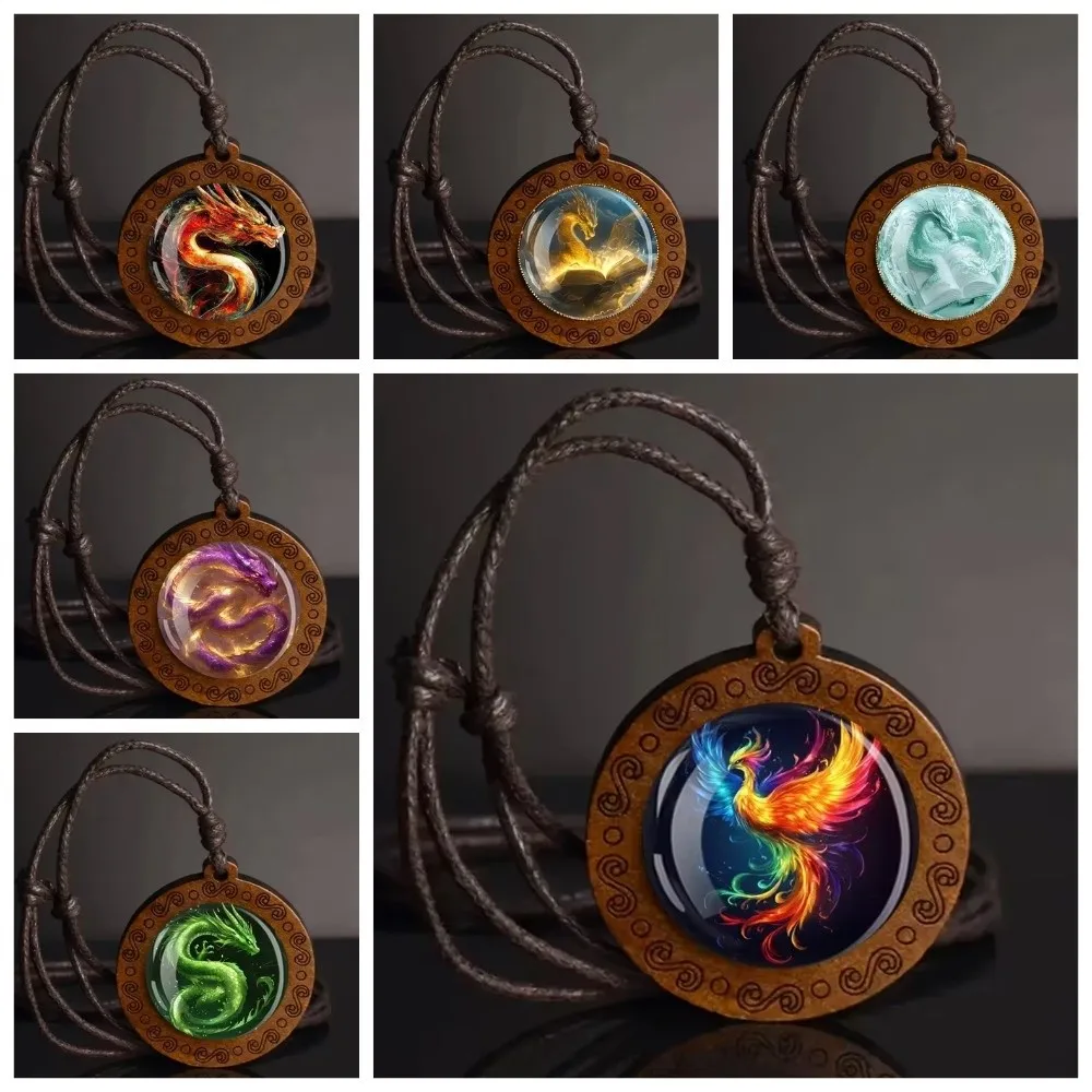 Vintage Dragon Phoenix Sweater Chain Leather Chain Boho Wooden Pendant Handmade Long Collar Decoration for Women Men