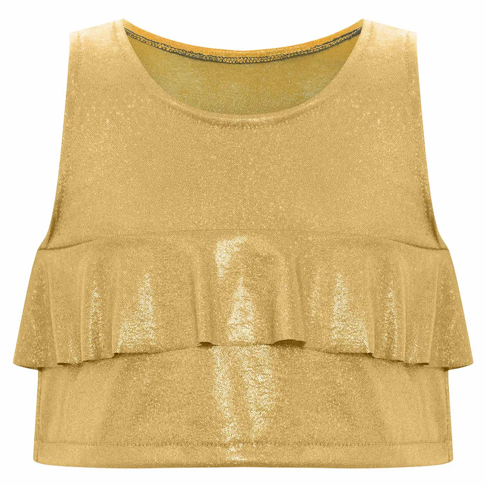 

Kids Girls Vest Cheerleading Hip-hop Jazz Dance Crop Top Round Neck Sleeveless Ruffles Metallic Tank Tops for Stage Performance