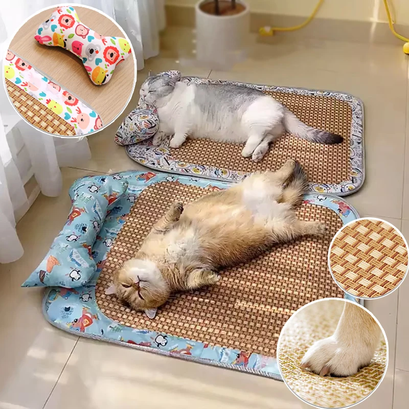 

Pet Cooling Mat Washable Breathable Cute Design with Pillow Dog Cat Cold Bed Indoor Sleeping Pad Comfortable Rattan Style Mat