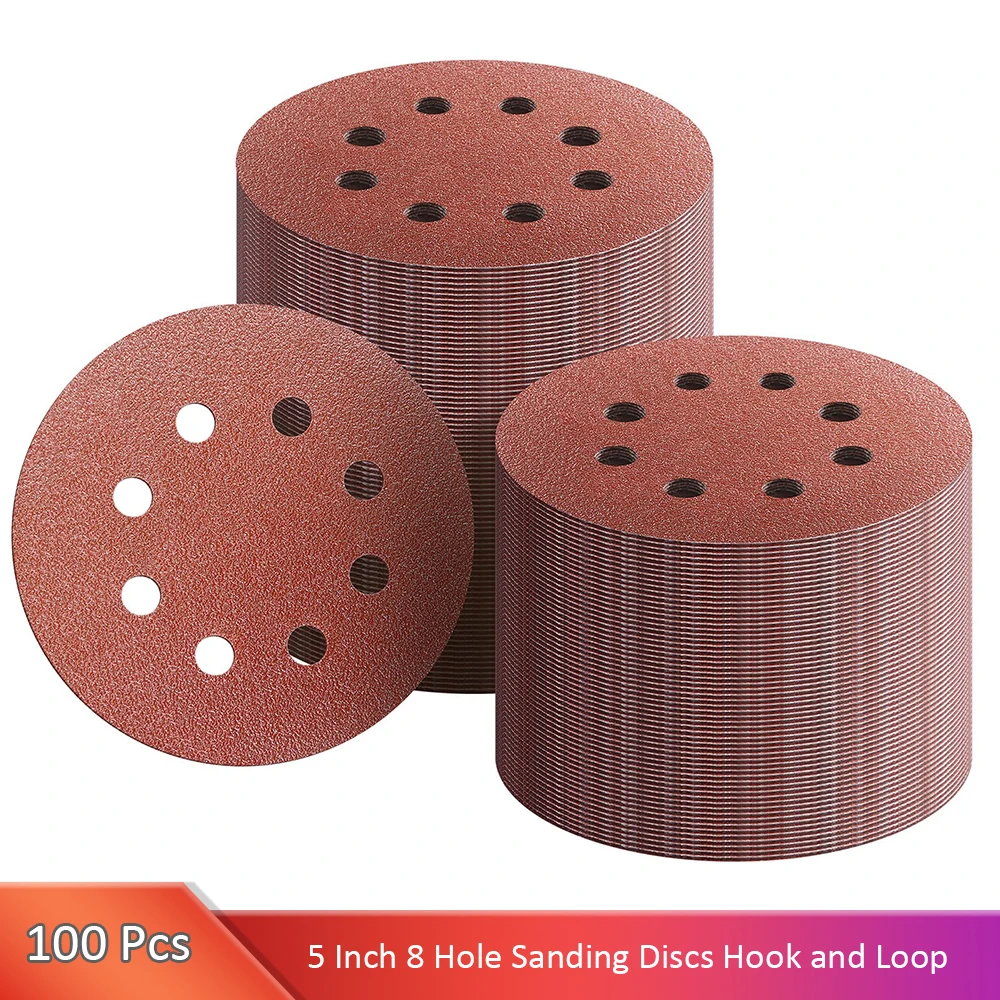 100 Packs 5 Inch 8 Hole Sanding Discs Hook and Loop Sandpaper Premium Aluminum Oxide Orbital Sander Pads for Random Orbital Sand