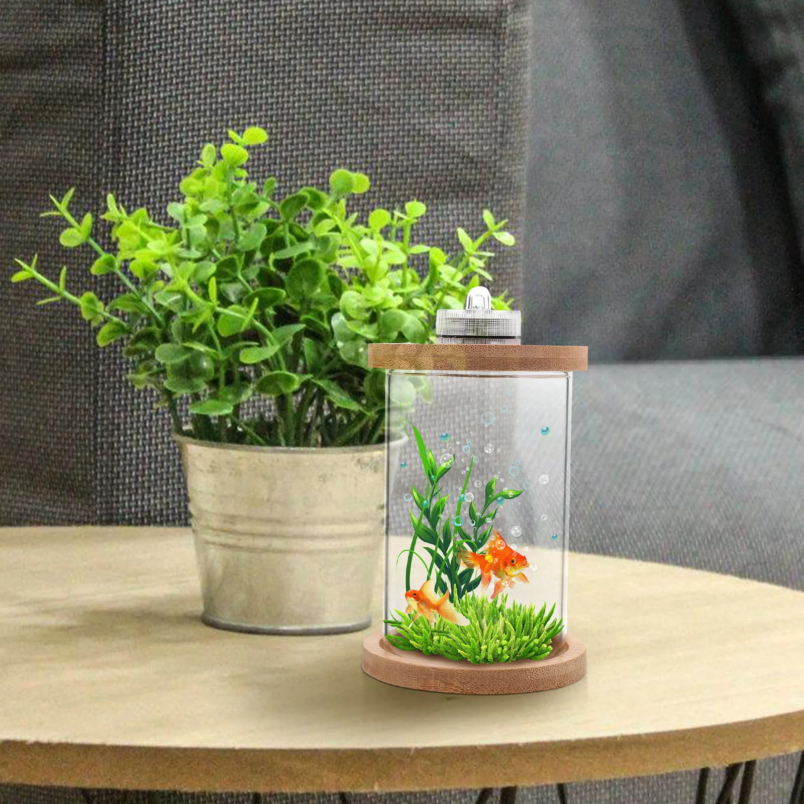 

Transparent Glass LED Aquarium 10cm Diameter 15cm Height Pine Wood Base Colorful Lights Desktop Betta Fish Tank Kit