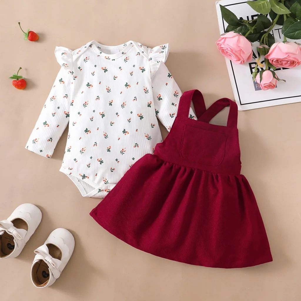 2PCS Newborn Baby Princess Dress Ruffle Long Sleeves Bodysuit+Red Strap Skirt for 0-18 Months Infant Girl Birthday Party Outfits