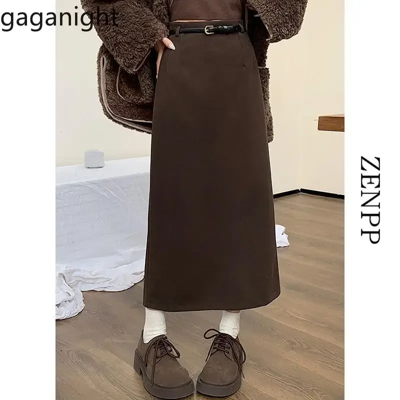 Gaganight Women Melad Coffee Colored Woolen Skirt 2024 Autumn Winter New Korean Chic Solid Color Hip Bag A line Half Skirt