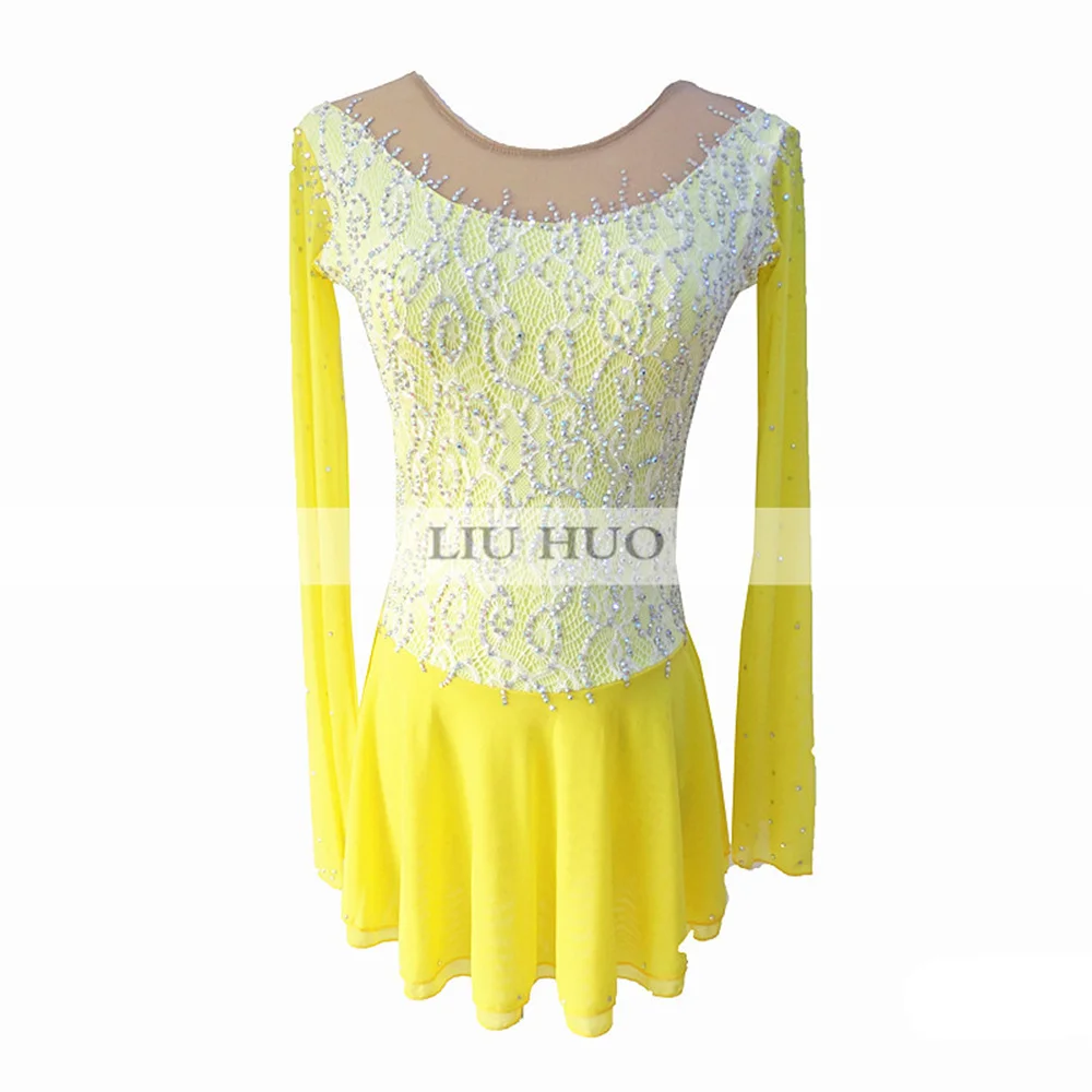 Figure Skating Dress Women's Girls' Ice Competition Yellow Lace Round Neck Long Sleeve Rhinestone Leotard Dance Sport Ballet Kid