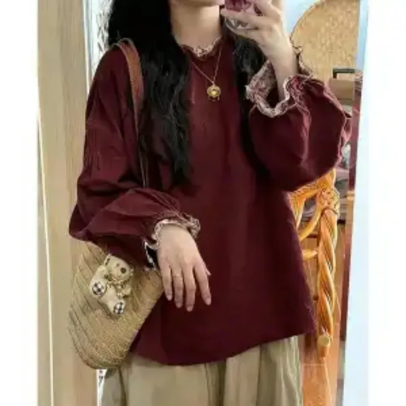 

Navy Blue Lace Shirt Long-sleeved Loose Retro Round Neck Long-sleeved Versatile Pullover Versatile Elegant Top