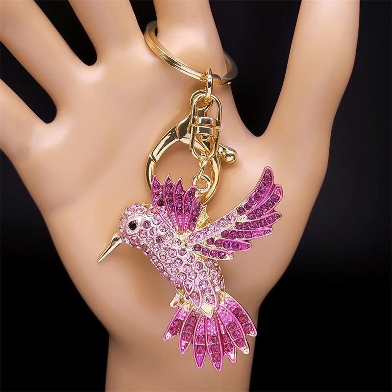 Pink Hummingbird Keychain for Women Men Rhinestone Gold Color Alloy Animal Birds Purse Bag Key Chain Jewelry llavero K9217S01