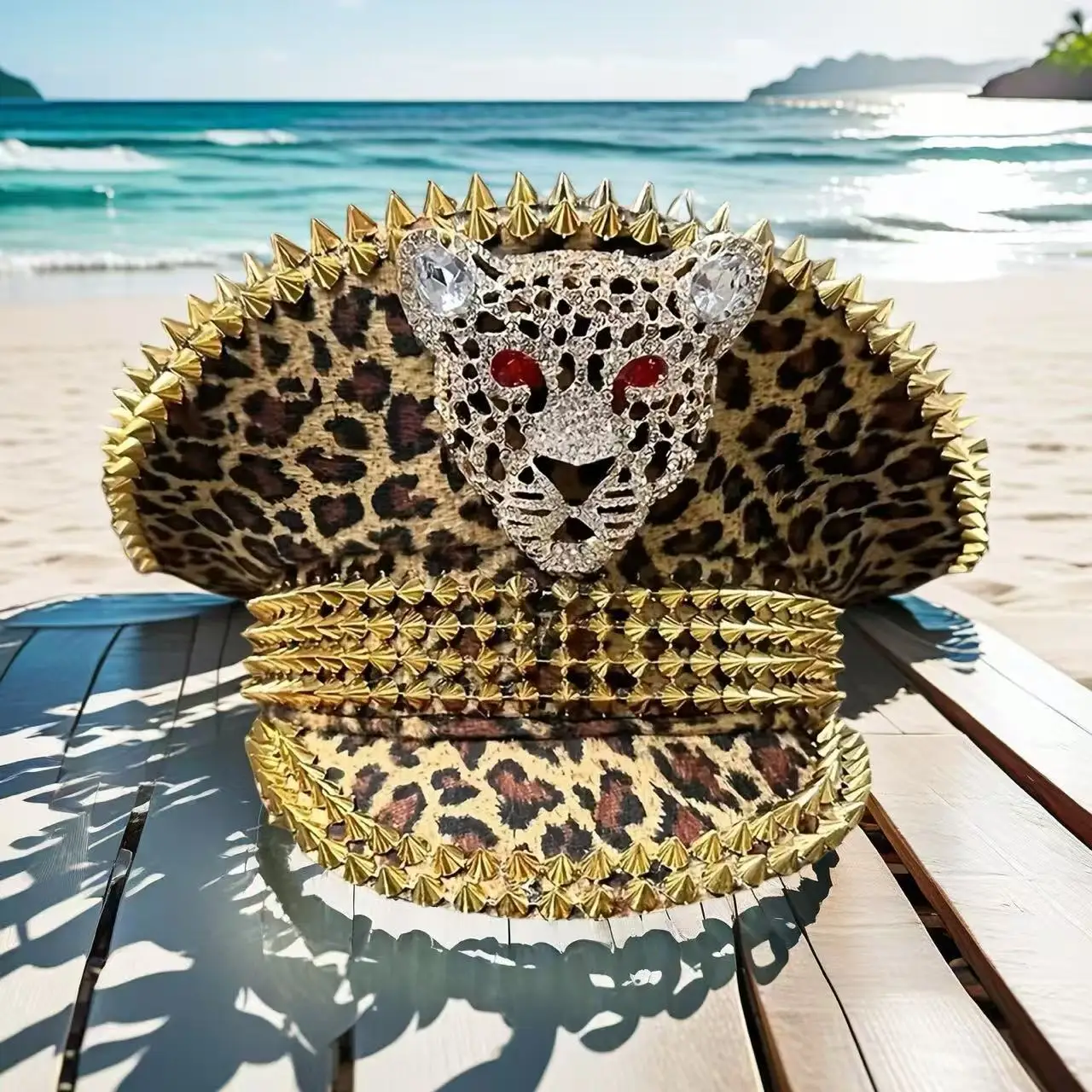 

HongLuan Yellow Laser Leather Loop Captain Hat Rhinestone & Military Caps for Woman, Rave Festivals Accessories ＆ Party Cap Man