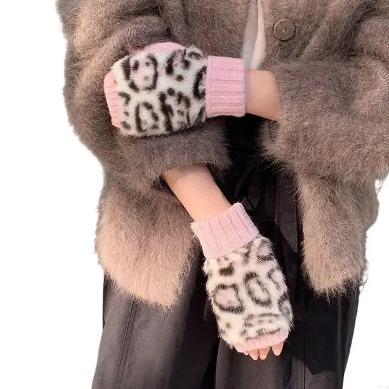 Plush Animal-Print Gloves Warm Mittens with Ribbed Cuffs and Open Fingers