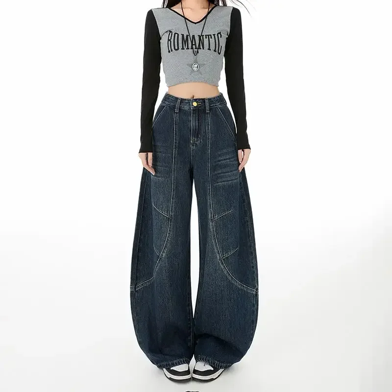 Calça jeans cargo solta feminina, vintage, azul, perna larga, machete, peso pesado, algodão lavado, casual, diária, streetwear