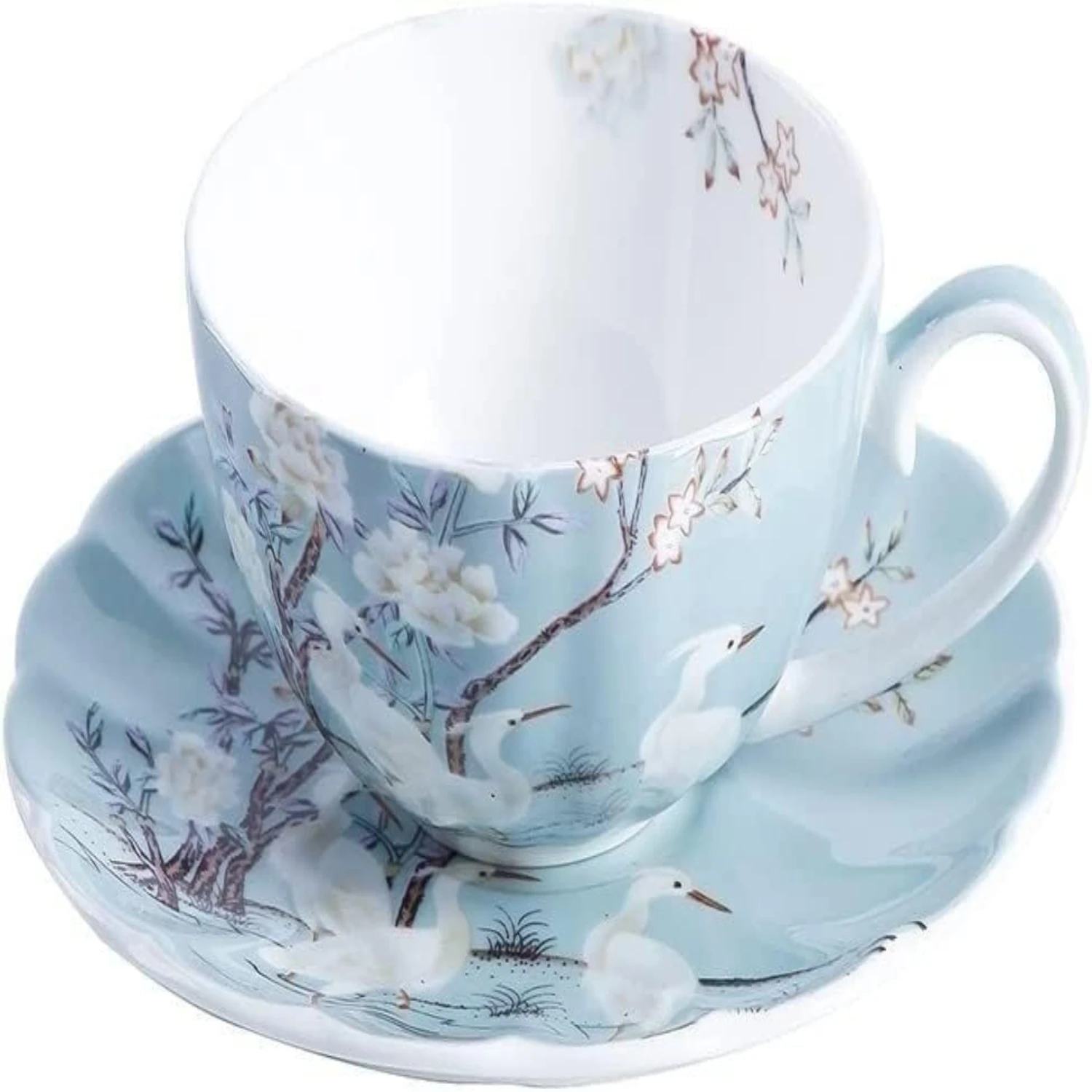 

Elegant and Timeless Blue and White Flowers Tea Cup and Saucer Set with Stylish White Crane Porcelain Tea Cup and Classic Fine B