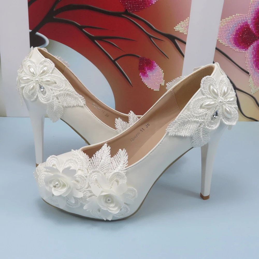 White High Heel Round Toe Flower Wedding shoes Bride Ladies high platform shoes woman Fashion Platform Party Dress shoes Women