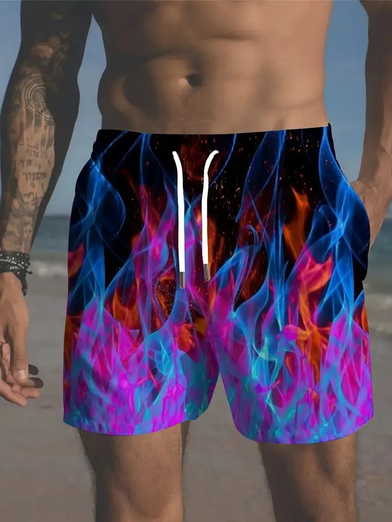 Pantalones cortos de playa con estampado de llamas vibrantes en 3D para hombre, pantalones cortos informales de talla grande de verano para hombre, pantalones cortos de estilo hawaiano, bañadores para hombre