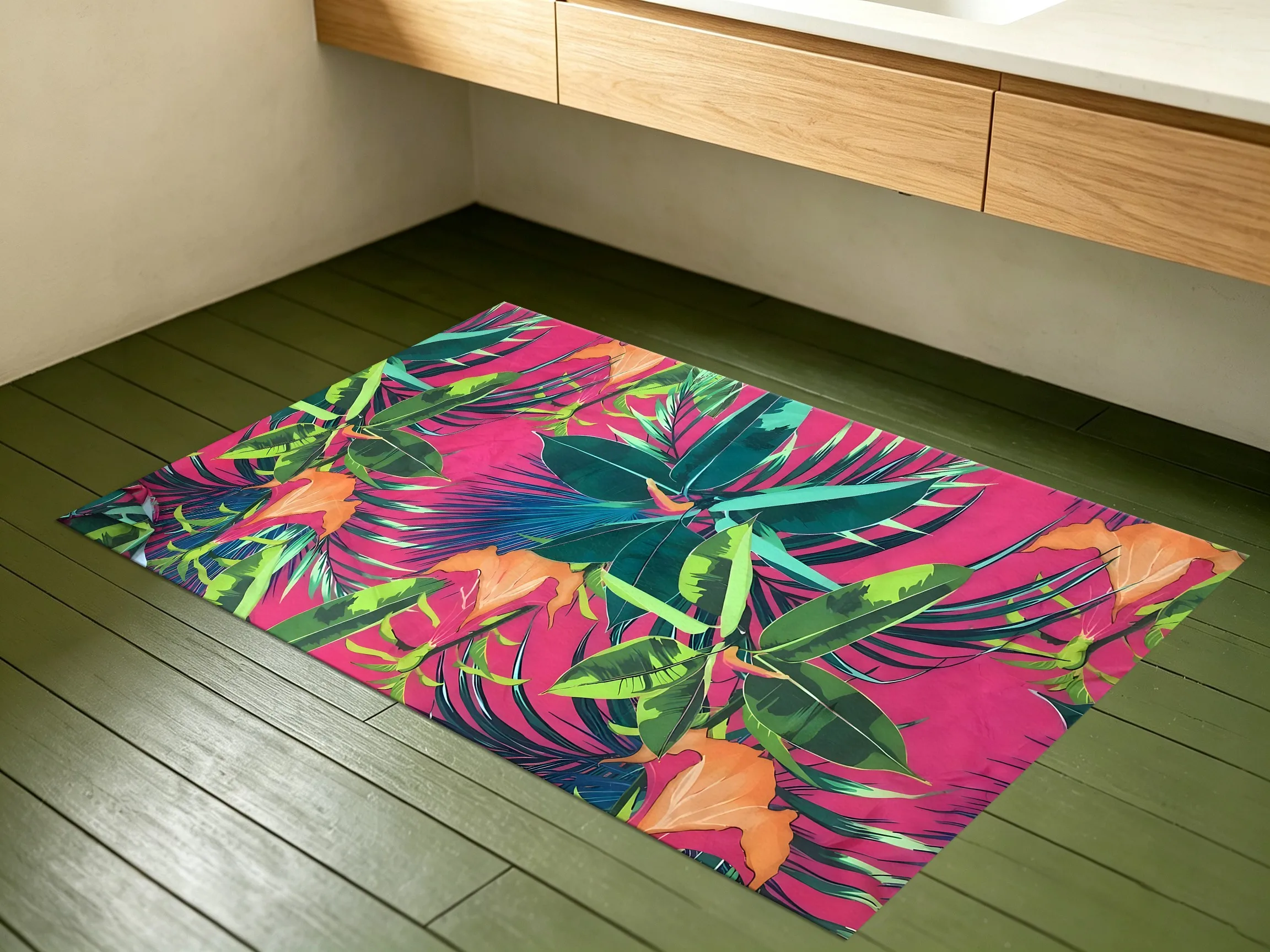 Large Velvet Area Rug Rose Tropical Green Floral Print Soft Easy Care Living Room Bedroom Entryway Home Decor Area Rug
