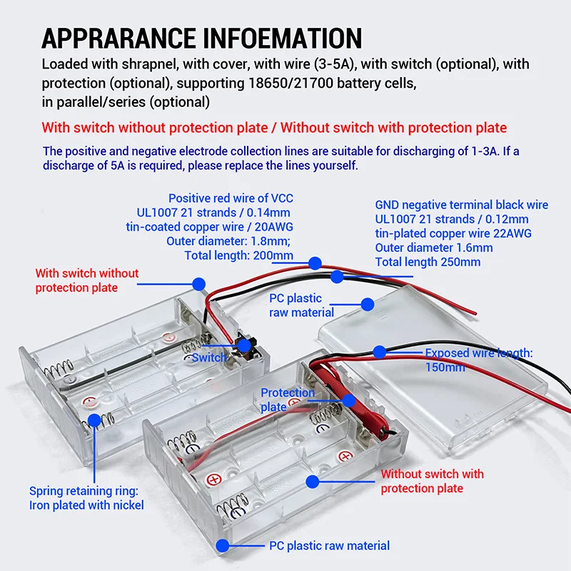 18650/21700 Battery Holder Battery Box 3 Slot Batteries Series/Parallel Connection/With Switch/With Protective Board