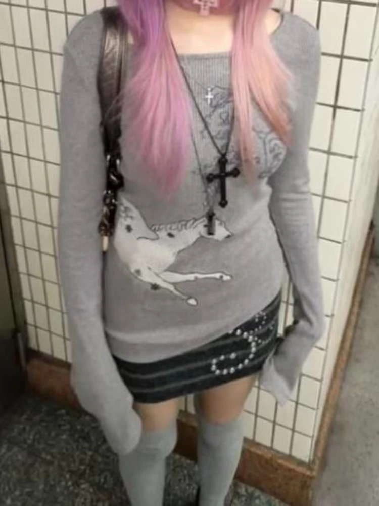 女性用長袖Tシャツ,y2kヴィンテージプリントTシャツ,マッチングTシャツ,原宿ストリートウェア,グランジTシャツ