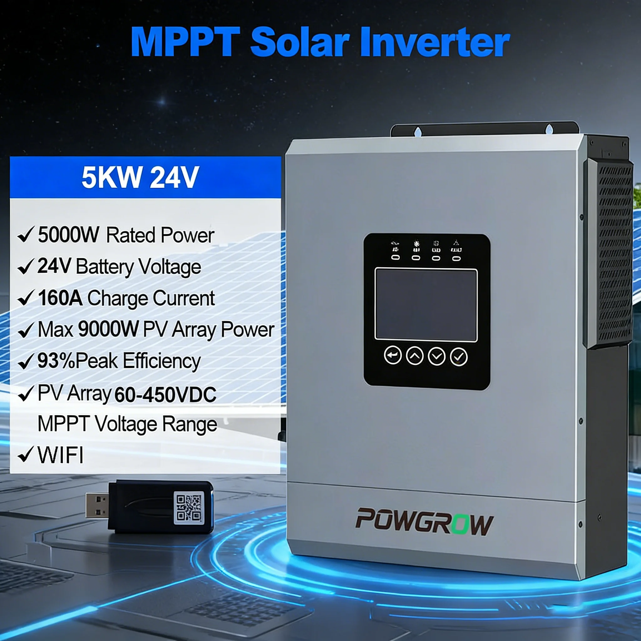 POWGROW 5KW 24V Hybrid-Solarwechselrichter Reine Sinuswelle 230VAC Wechselrichter PV-Eingang 500VDC mit Doppelausgang Inklusive Wi-Fi-Modul – Detail 2