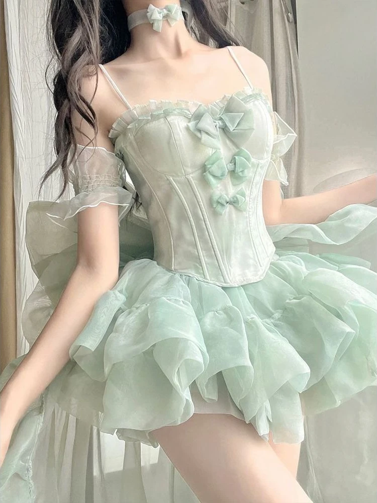 

Design Pretty Bow Chic Short Tops + Elastic Waist Cake Skirt Suit Women New Sweet Kawaii Hot Girl Slim Off Shoulder 2-piece Set