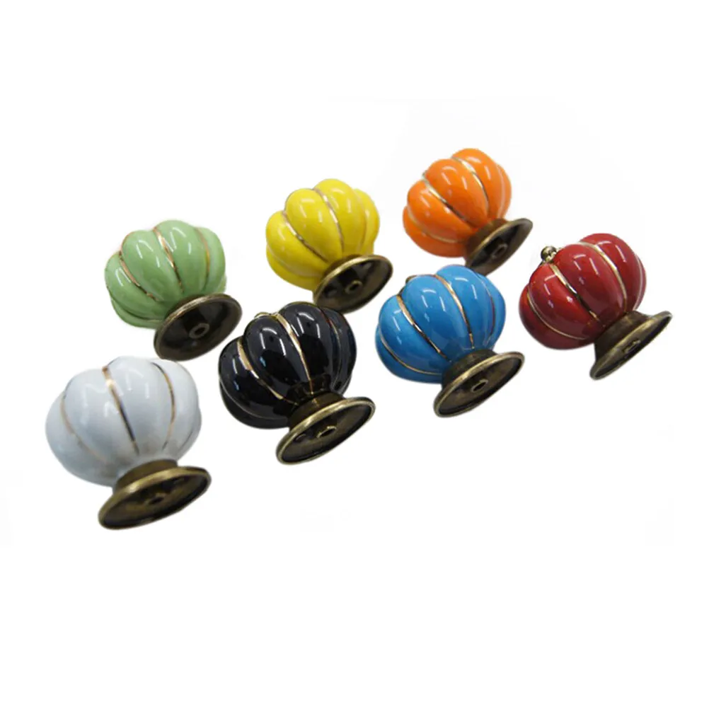 Pumpkin Shaped Round Ceramic Door Knobs Pull Handles Set 40Mm Diameter 7 Assorted Colors for Cabinet Drawer Wardrobe Chest