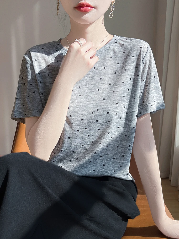 Spring Summer 2025 Women's Loose Short Sleeve Base Shirt Water-Media Print Casual Fashion Inner Wear round Neck T-Shirt