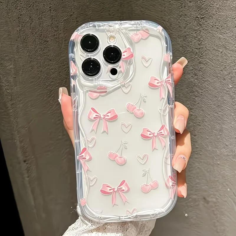 

Pink Cherry Bowknot Clear Wavy-edge Phone Case for Samsung Galaxy S26 Ultra S25 Plus S24 S23FE A17 A57 A37 A16 A36 A56 A55 Cover