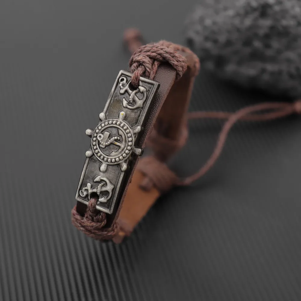 Vintage Nautical Anchor Rudder Leather Bracelet for Men Retro Pirate Metal Charm Adjustable Rope Wristband Jewelry Gift