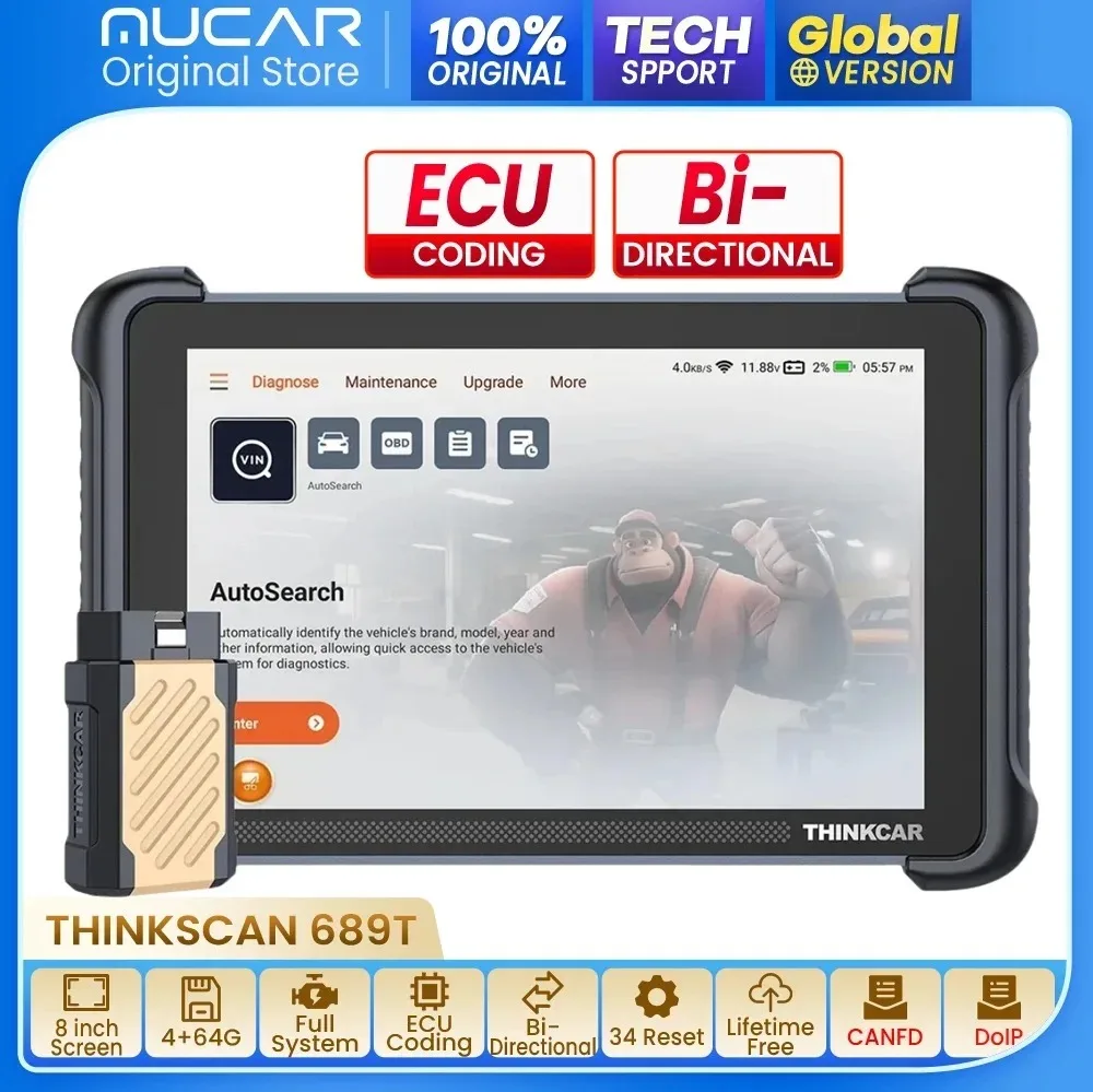 

THINKCAR THINKSCAN 689BT OBD2 Автомобильный диагностический сканер, полная система 34, сброс, кодирование ЭБУ, двунаправленный срок службы CANFD DoIP