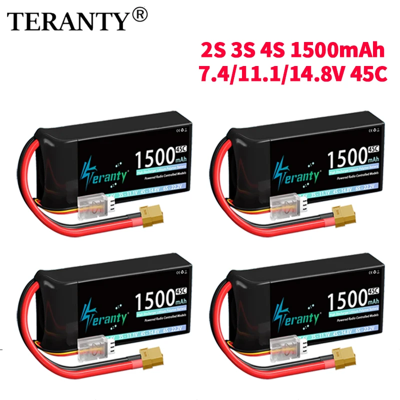 4PCS TERANTY 2S 3S 4S Lipo Battery 1500mAh 45C With T/XT30/XT60 For RC Airplane Helicopter Quadcopter FPV Drone Car Racing Hobby