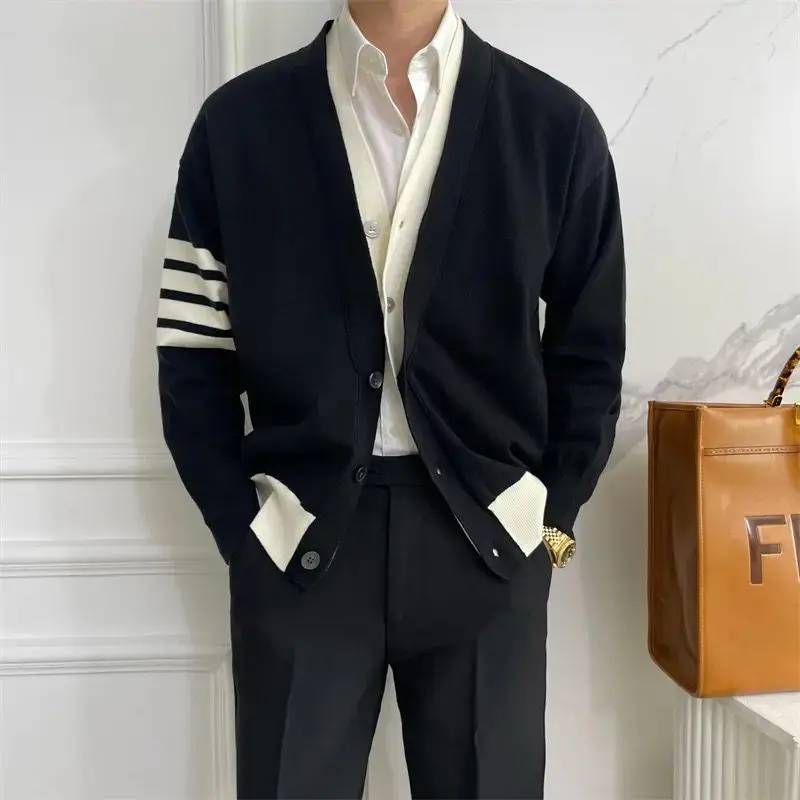 

Fake Two Pieces Patchwork Cardigan Autumn Winter Casual V-Neck Knitted Men's Clothing Basic Contrasting Colors Vintage Sweaters