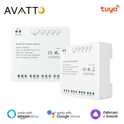 AVATTO Tuya WiFi 7-32V/85-250V RF 433 Switch Module Remote Control Relay DIY 4 Channels Module Support Alexa,Google Home,Alice