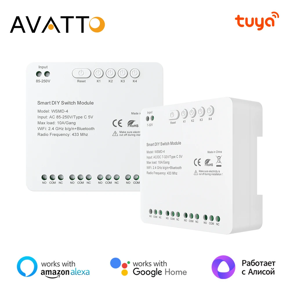 AVATTO Tuya WiFi 7-32V/85-250V RF 433 Switch Module Remote Control Relay DIY 4 Channels Module Support Alexa,Google Home,Alice