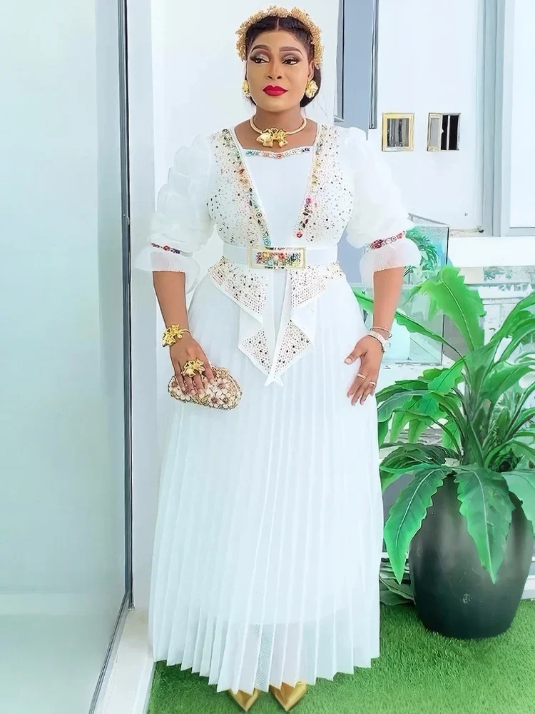 

Luxury Party Evening Dresses Diamond Kaftan Gown Elegant Women Wedding Prom Pleated Dress Long Robe 2025 Summer African Clothing