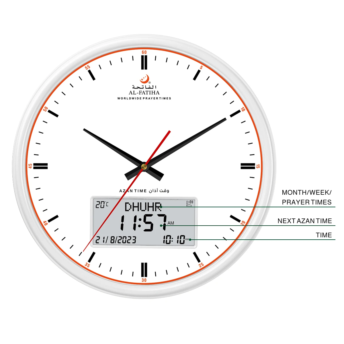 AL-FATIHA Reloj musulmán Athan analógico digital con pantalla blanca Visión clara Calendario Hijri Tiempo de oración Azan Alarma Fajr Mosquita