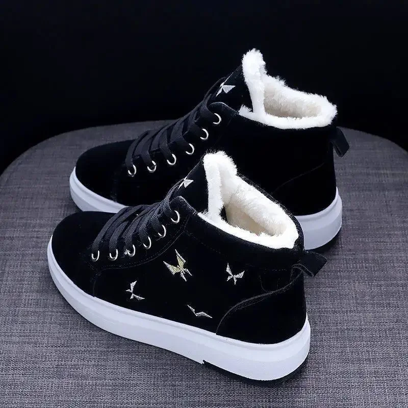 Trendy Women\'s Boots 2024 Winter New Solid Color Wedge Heel Warm Plush Sports Tie Short Tube Women\'s Vulcanized Zapatos Mujer